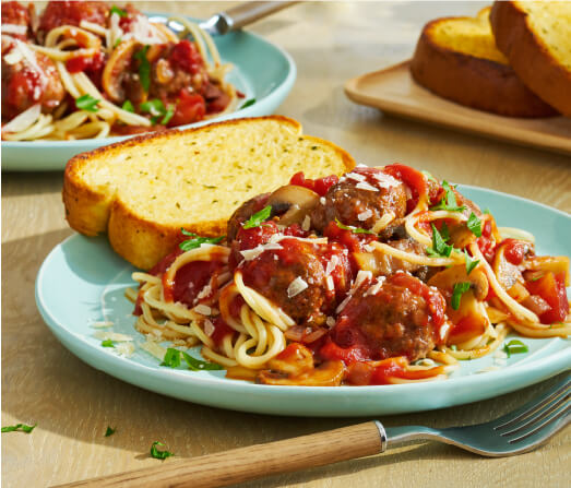 Garlic Infused Beef Meatballs with Spaghetti and Simple Pantry Sauce