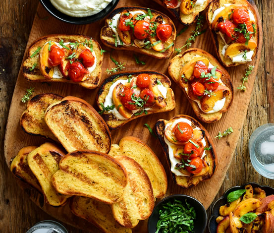 Grilled Peach & Tomato Crostini with Whipped Feta